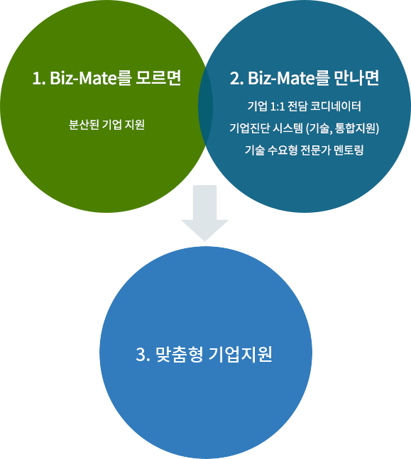 1. Biz-Mate를 모르면 분산된 기업 지원 2. Biz-Mate를 만나면 기업 1:1 전담 코디네이터, 기업진단 시스템(기술, 통합지원), 기술 수요형 전문가 멘토링 3. 맞춤형 기업지원